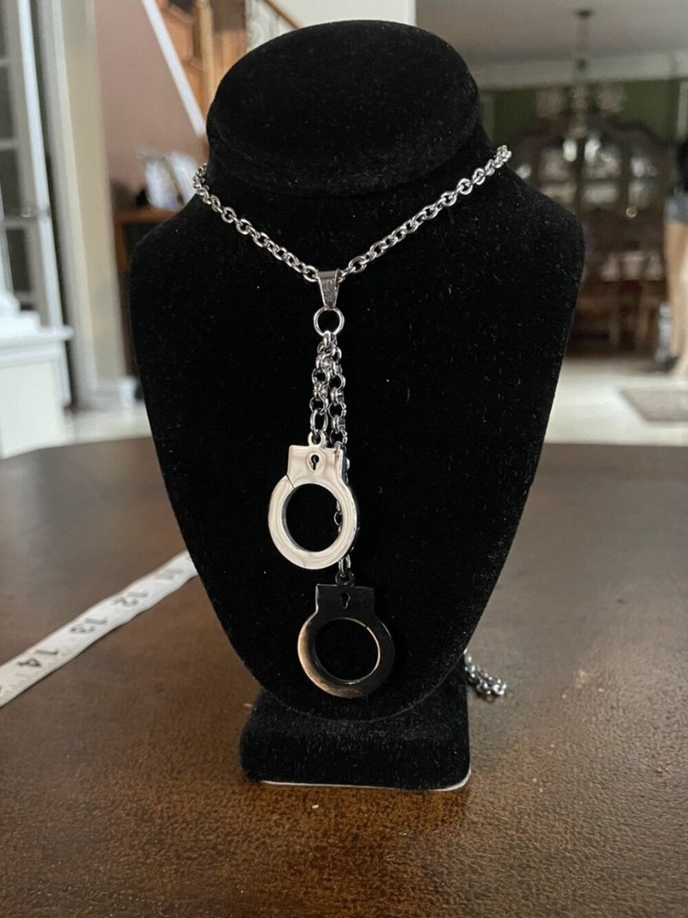 Stainless Steel Double Handcuff Pendant Necklace | Two-Tone Silver Black | Edgy